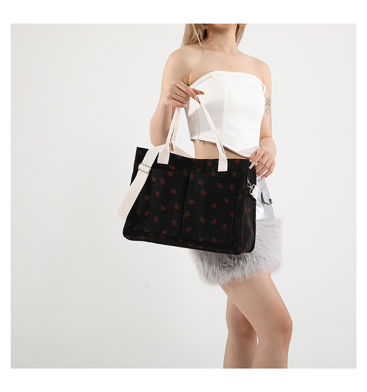 300g Weight Polyester Lining Material Zipper Closure Type Single Shoulder Strap Strap Type Tote Bag Bags Type Casual, School Occasion Corduroy Material Solid Color, Strawberry Pattern All Seasons Season Women's Gender Basic, Classic Style Style Square Shape Large Size Women's Large Corduroy Solid Color Strawberry Basic Classic Style Square Zipper Tote Bag 11
