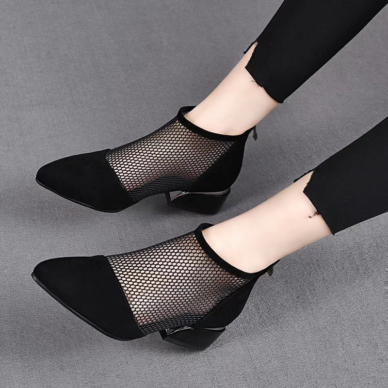 Sandal lưới da thật nữ mũi nhọn gót thấp phong cách La Mã — Da Bò Lớp đầu trên
