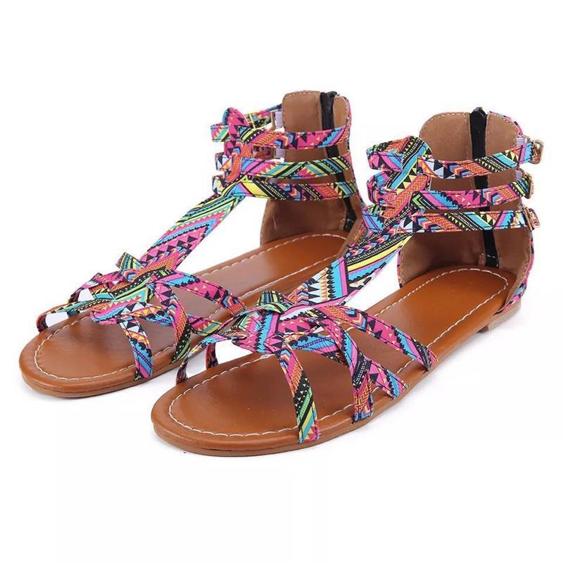 Hot-selling ethnic-style flat sandals in 2021, multi-color snake-patterned lace buckle women's sandals for export, large-sized consignment details Picture