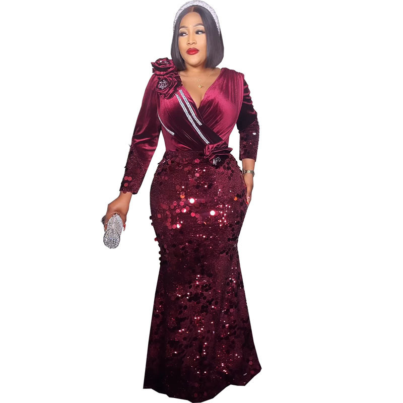 Damenbekleidung Mode schlanke Samt Pailletten Abendkleid Kleid_voghion.com