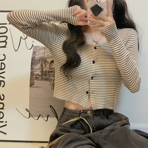 Knit sweater for autumn and winter, women's small Chanel-style striped gentle wear, design sense, niche versatile, slimming open sweater