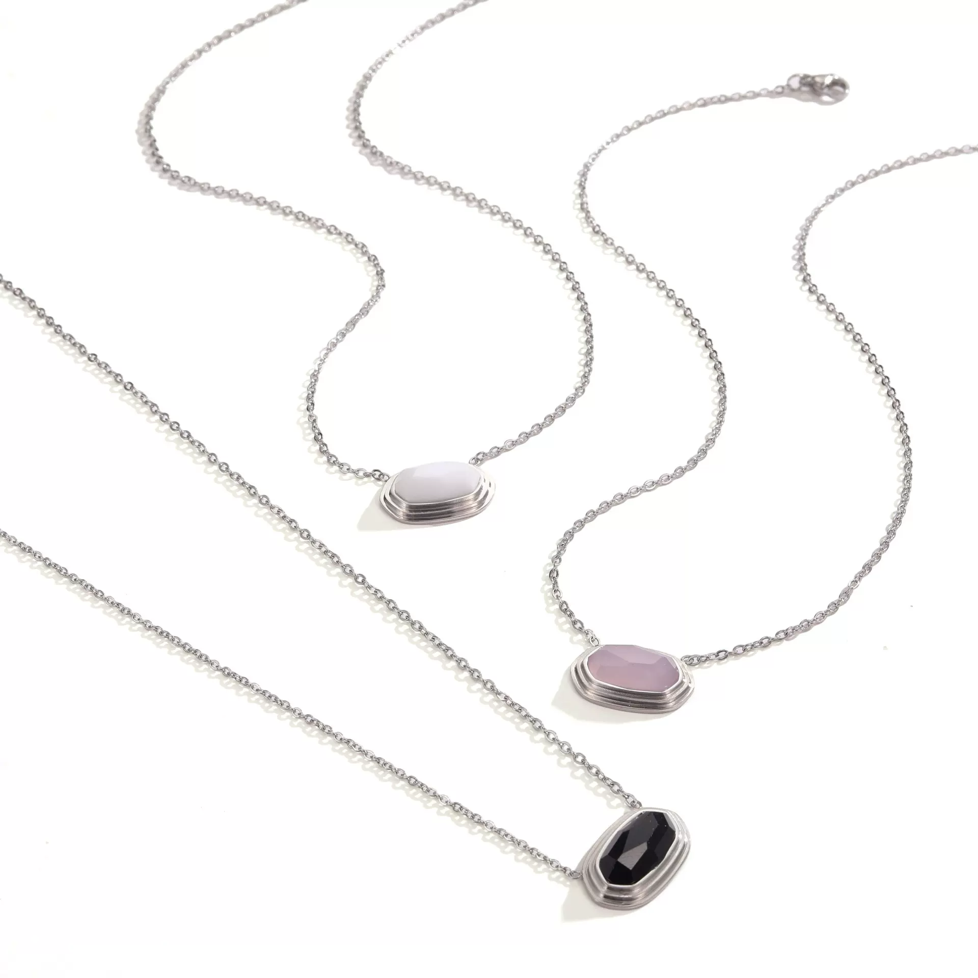 跨境亚马逊外贸时尚ins几何黑玛瑙不锈钢项链天然石粉晶轻奢项饰