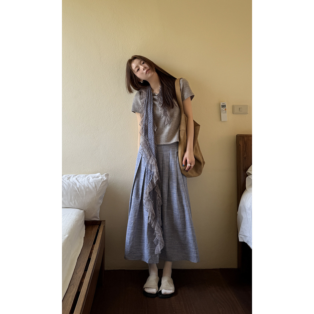 Hellooo Eat Refreshing Blue and Purple Plaid Skirt 2025 Retro Pleated Slimming Look Long Skirt