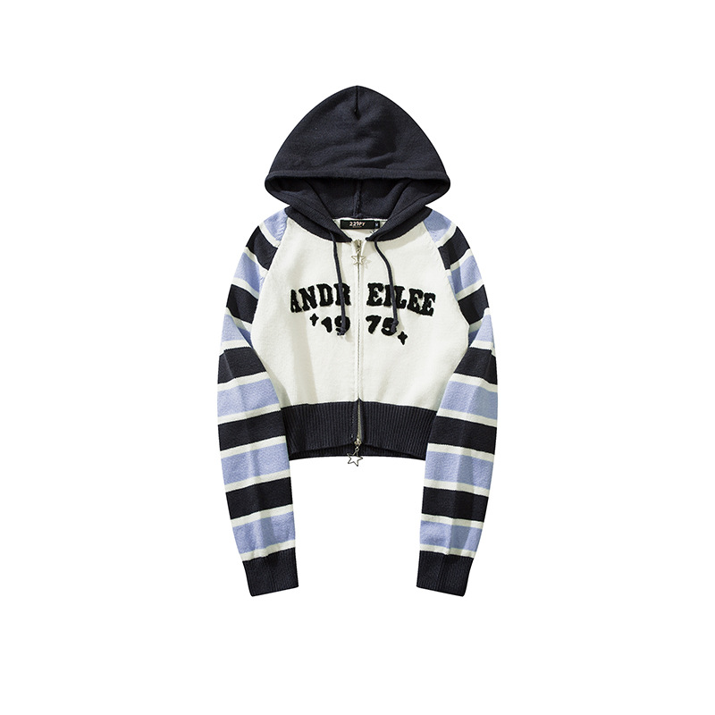 YWFG ropa de mujer americana retro letras rayadas 2024 primavera cardigan con capuz suéter de punto de manga larga