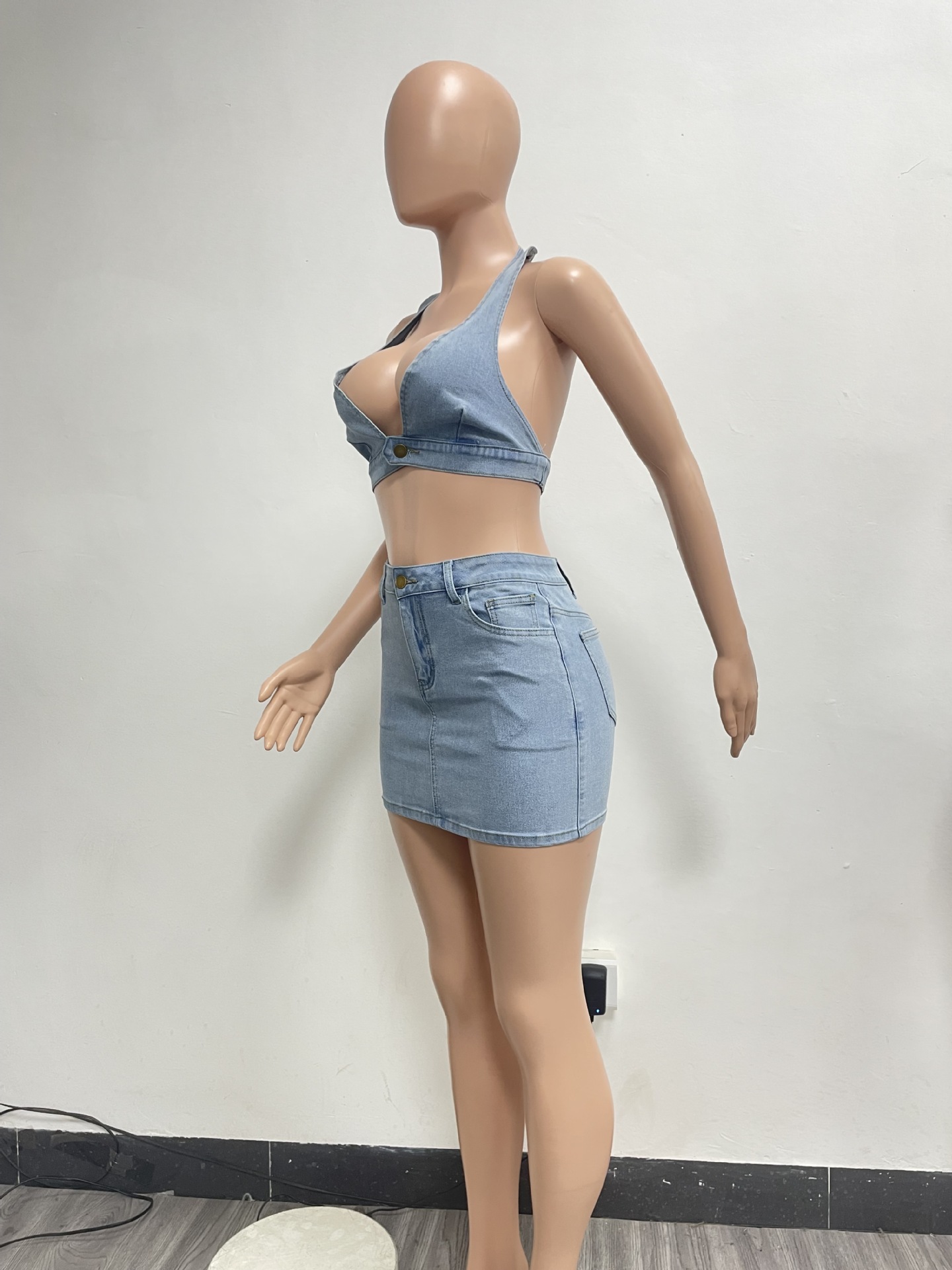Washed Stretch Denim Casual Sexy Skirt Set