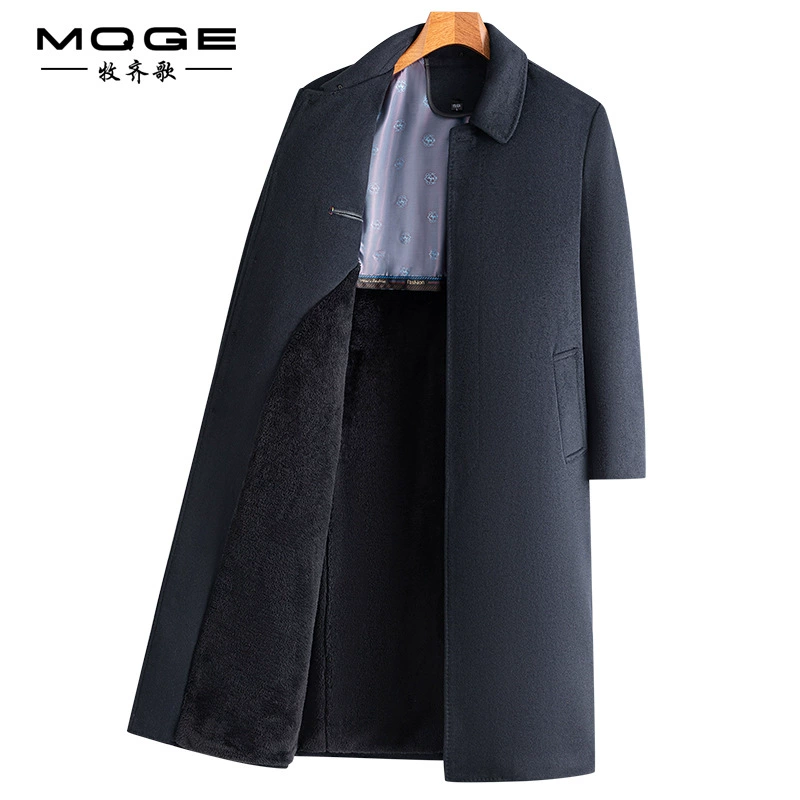 Новое зимнее мужское пальто 2025 года: удлиненное, ниже колена, с отложным воротником, деловое повседневное, на флисовой подкладке, из толстой шерсти