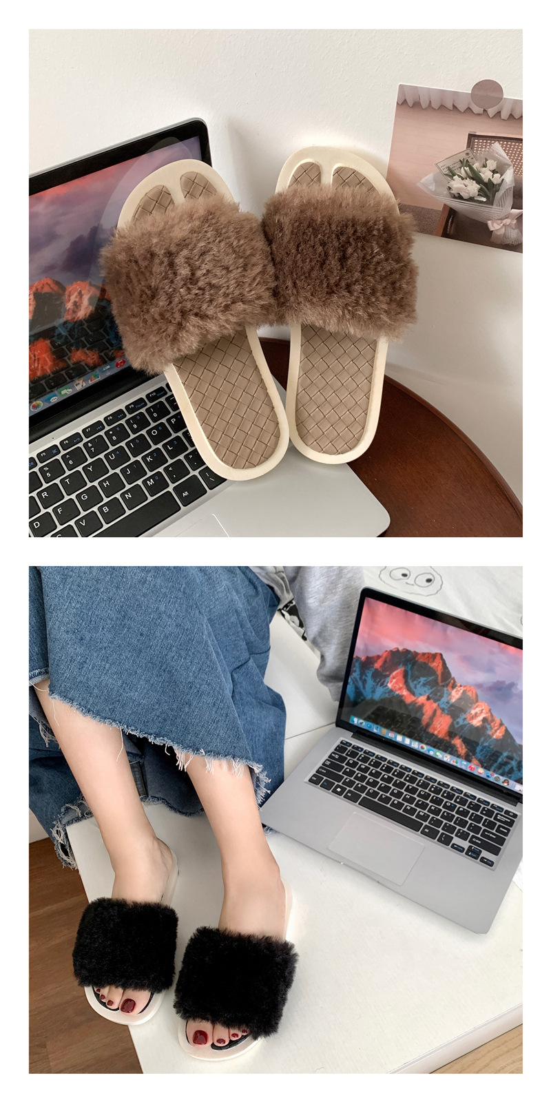 Nouvelles filles en coton décontractées à la mode, une ligne antidérapante et résistante à l'usure, pantoufles en peluche à fond plat pour_voghion.com