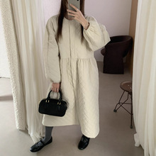 实拍 法式温柔风圆领单排扣菱形格夹棉中长款连衣裙宽松娃娃裙