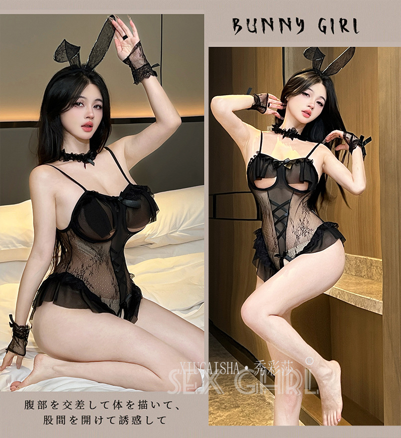 Bunny Girl Lace Bodysuit Costume with Open-Crotch Design and White Stockings — detail image 10