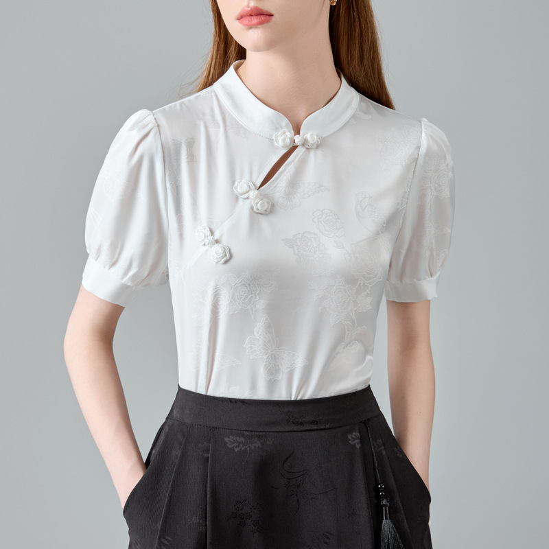 Nueva camisa de satén de ácido acético chino para mujer 2025 verano nuevo estilo nacional de manga corta estilo occidental de gama alta chic hermosa camisa pequeña
