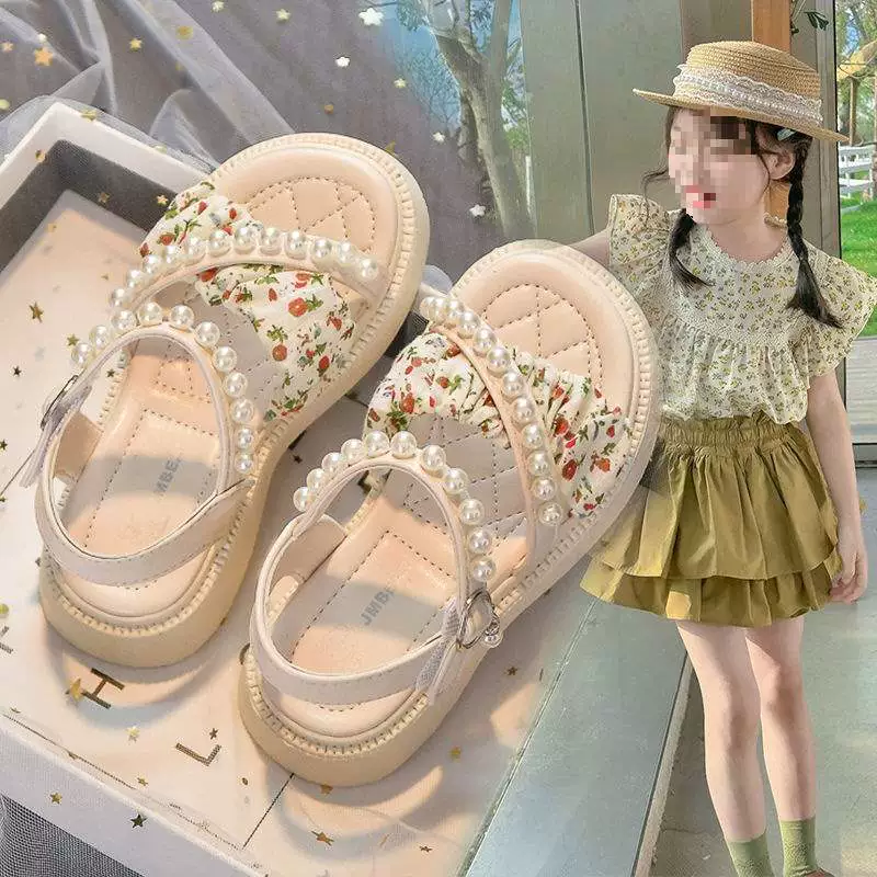 Детские босоножки для девочек лето 2025, новые, с жемчугом, принцессы, лёгкие, средние и большие размеры, пляжные
