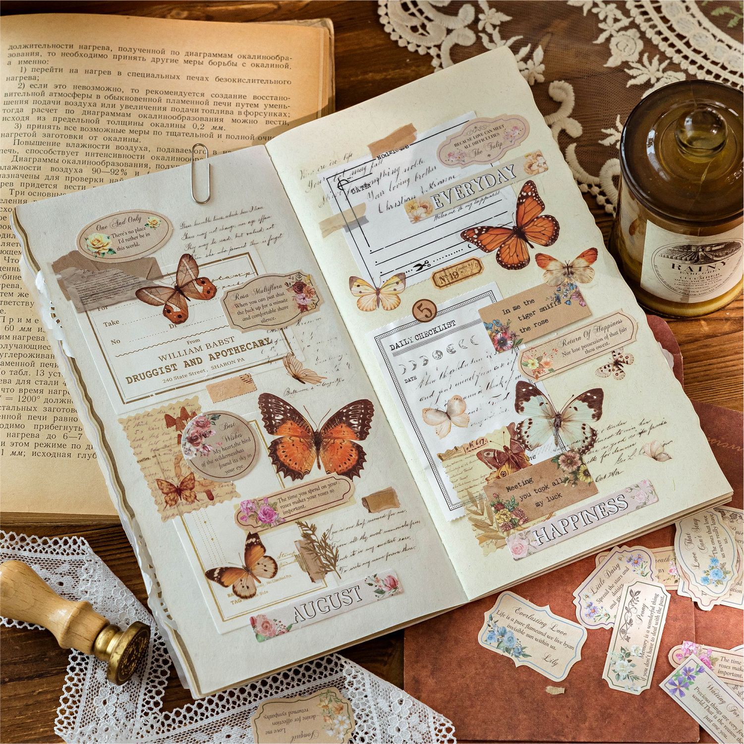 Bolso de pegatinas de papel de tela de poesía de azúcar, serie de caracteres de jardín, caracteres de texto de flores retro, pegatinas de material de cuenta simple