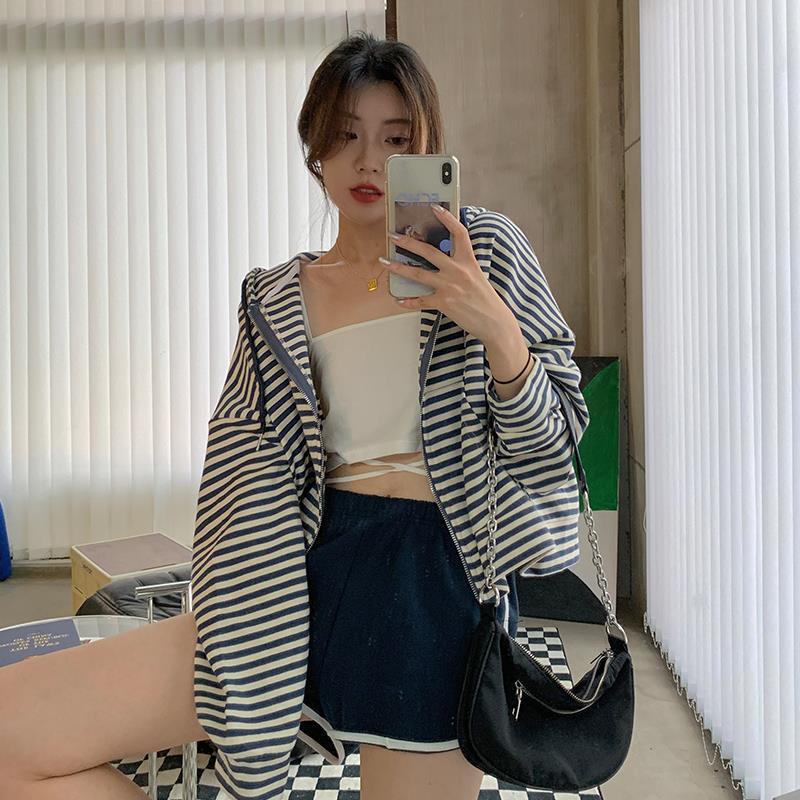 Early Spring New Korean Style ins Casual Sportswear Striped Hoodie Zipper Cardigan Loose Slimming Top for Women Early Spring New Korean Style ins Casual Sportswear Striped Hoodie Zipper Cardigan Loose Slimming Top for Women