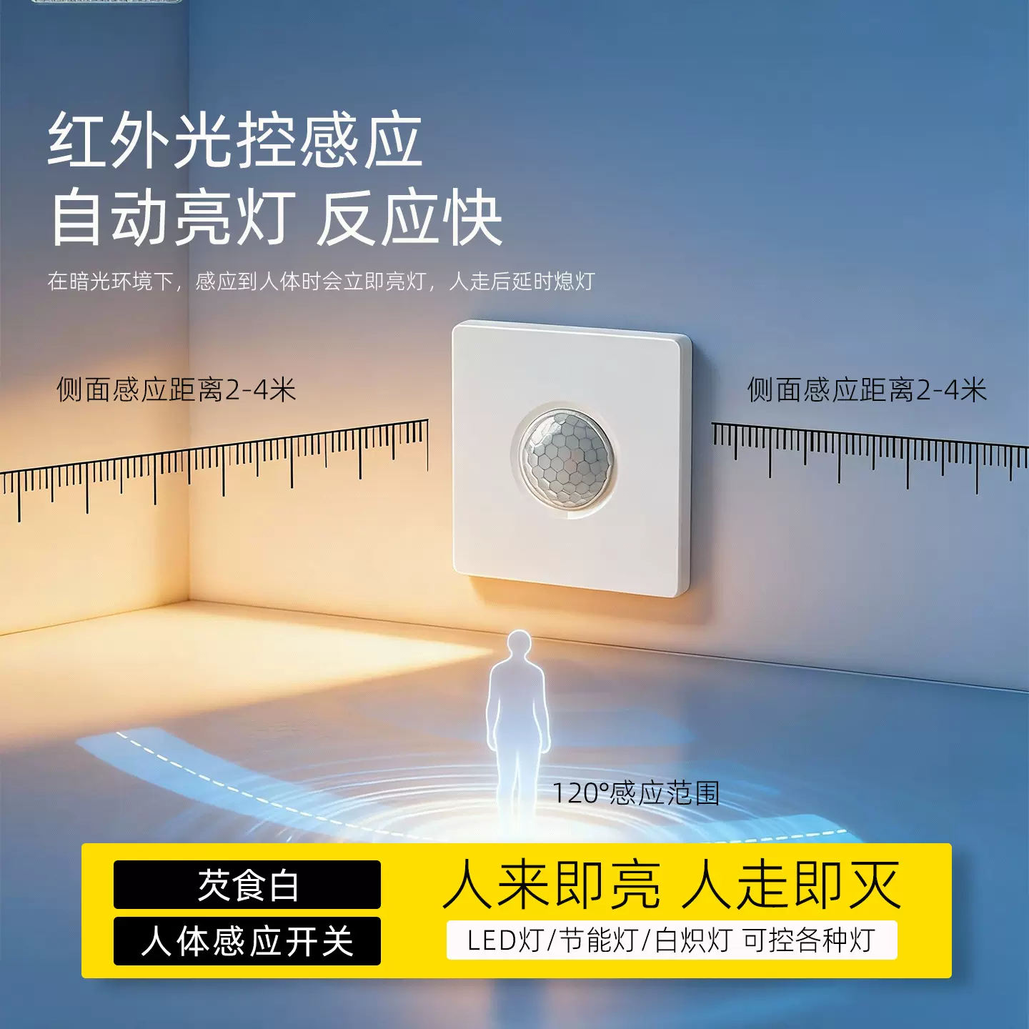 86型智能人体感应开关插座顶灯LED灯通用红外延时人体感应器开关