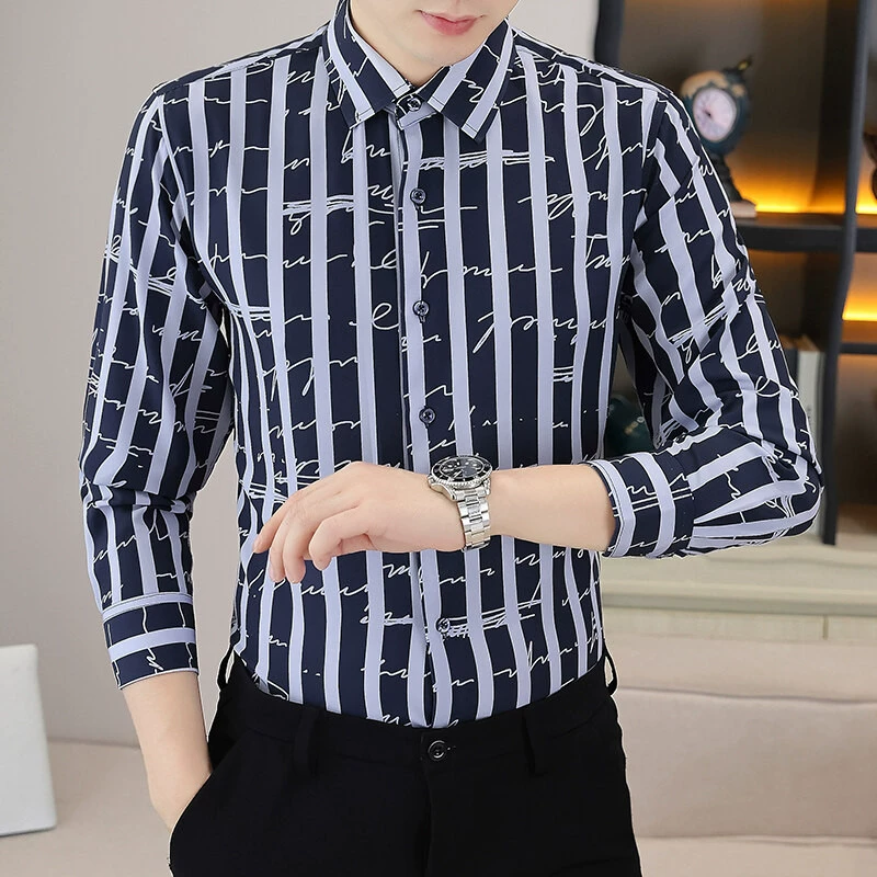 2025 Sambolei новая четырехсторонняя эластичная полосатая легкая деловая повседневная рубашка с длинными рукавами с принтом 0108
