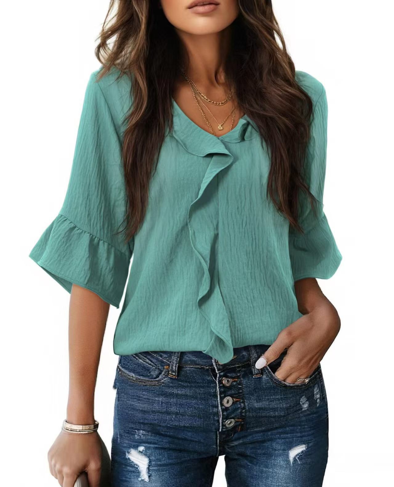 Women's V-neck Ruffle Blouse Flutter Sleeves Flowy Cold Silk Top_voghion.com