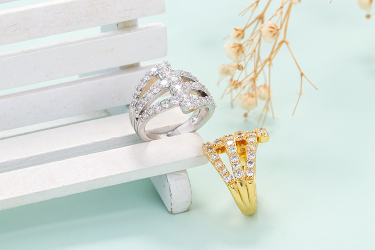 Geometric Pattern Unisex Gender Fashion Copper Gold-plated Zircon Hollow Double Layer Ring