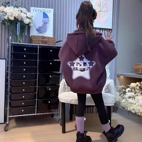 Women's and Children's Korean Style Open Cardigan Top with Letter and Fleece Lining, Trendy Hooded Jacket for  Autumn and Winter