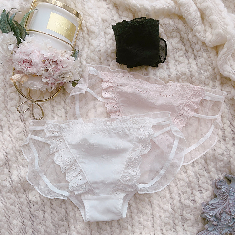 New Vintage Embroidered Cotton Sexy Side Drawstring Underwear Polka Dot Mesh Breathable Women's Briefs Pure Desire