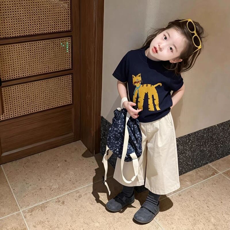 Korean Children's Clothing Girls' Summer Outfit Stylish Trendy Cat Print Short-Sleeve T-Shirt Baby Wide-Leg Pants
