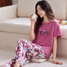 睡衣女夏季兰精莫代尔棉短袖长裤薄款夏天凉感休闲大码家居服套装