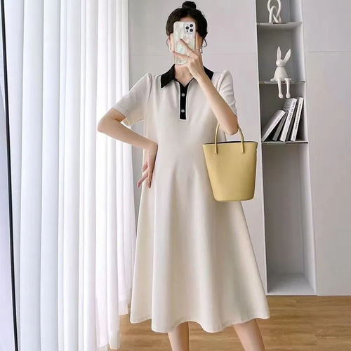 Maternity dress summer dress short-sleeve polo collar maternity summer short-sleeve maternity skirt Korean style loose