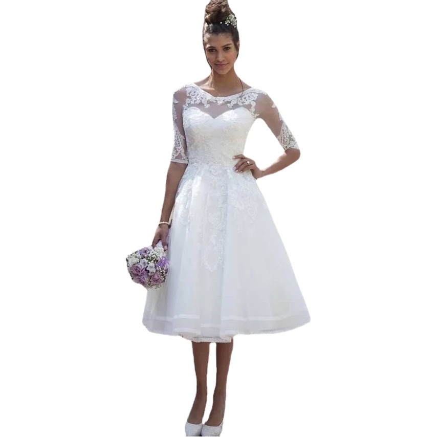 Amazon Comercio exterior nuevo transparente cuchara media manga rodilla-longitud falda de encaje barato apliques boda vestido de novia