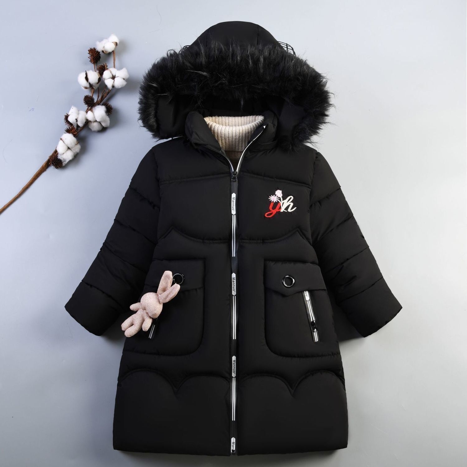 Invierno Nueva ropa de algodón acolchado para niñas de estilo coreano conejo de dibujos animados para niños de longitud media engrosada abajo ropa acolchada de algodón de moda