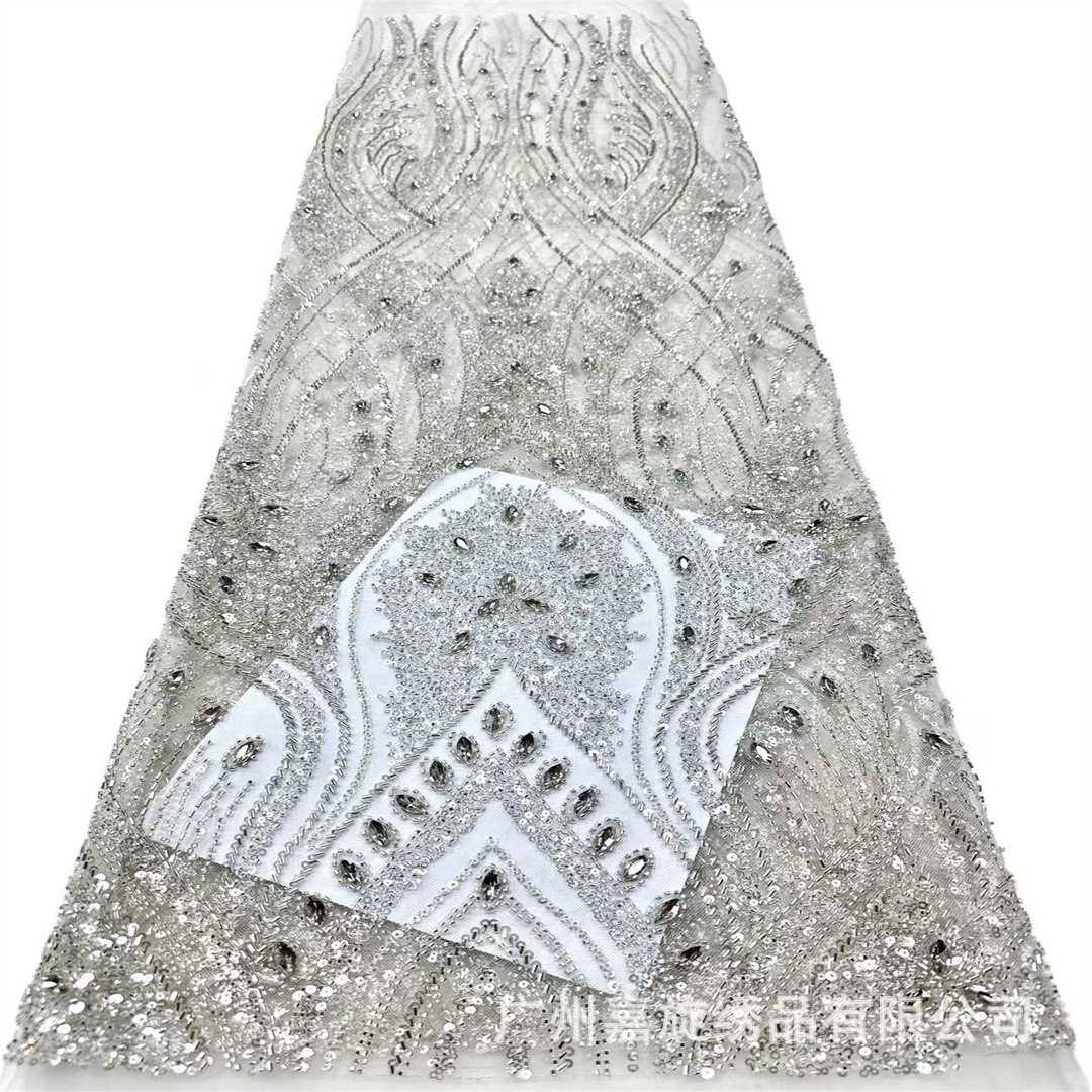 Tela de malla de alta gama adornada con pedrería, lentejuelas y bordados con cuentas para vestidos de mujer, vestidos de novia y materiales de encaje. image 7