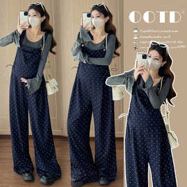 2025秋季新品针织孕妇打底+波点背带裤孕妇两件套孕妇套装