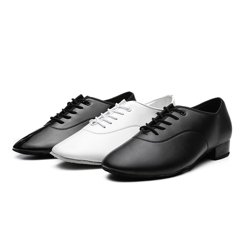 Professional modern dance shoes men's adult dance shoes soft bottom waltz low heel GB social dance shoes black and white bright face