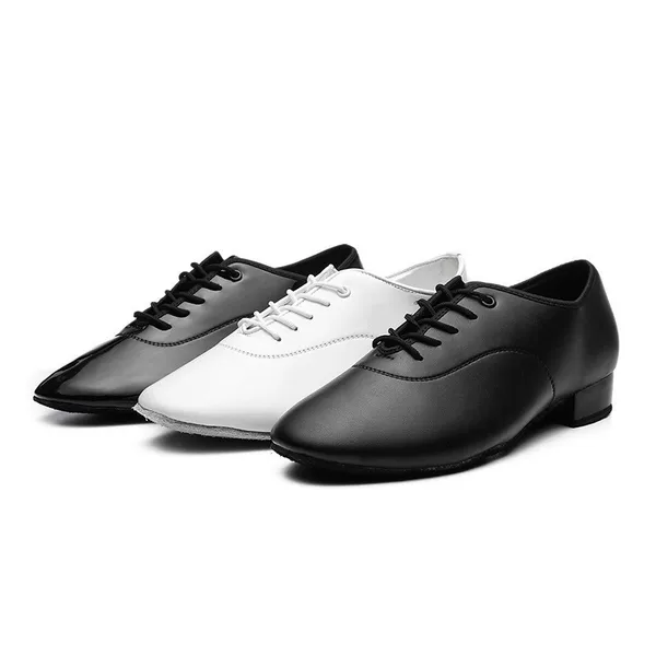 Professional modern dance shoes men's adult dance shoes soft bottom waltz low heel GB social dance shoes black and white bright face