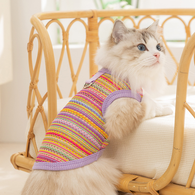 Primavera y verano gatos no peludos gatos multicolores tejidos chalecos huecos perros perros pequeños y medianos Teddy Bear ropa de mascotas
