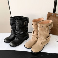 羊皮版~时尚舒适厚底增高褶皱堆堆靴女复古百搭西部牛仔靴裤管靴
