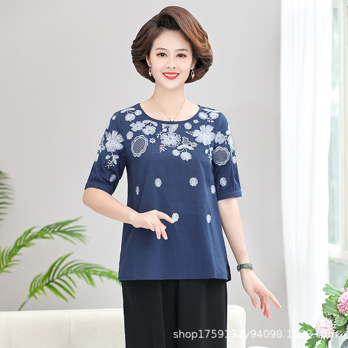 Women's Short Sleeve T-shirt Summer Middle-Aged and Elderly Plus Size Top Mother's Dress Loose Base Shirt