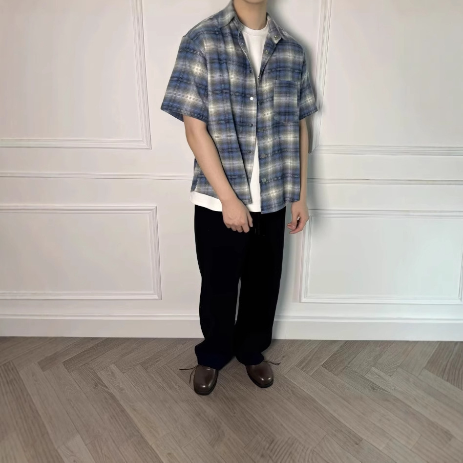 American Retro Blue Plaid Short-Sleeved Shirt Men's Summer High-End Flannel Versatile Plaid Shirt Jacket