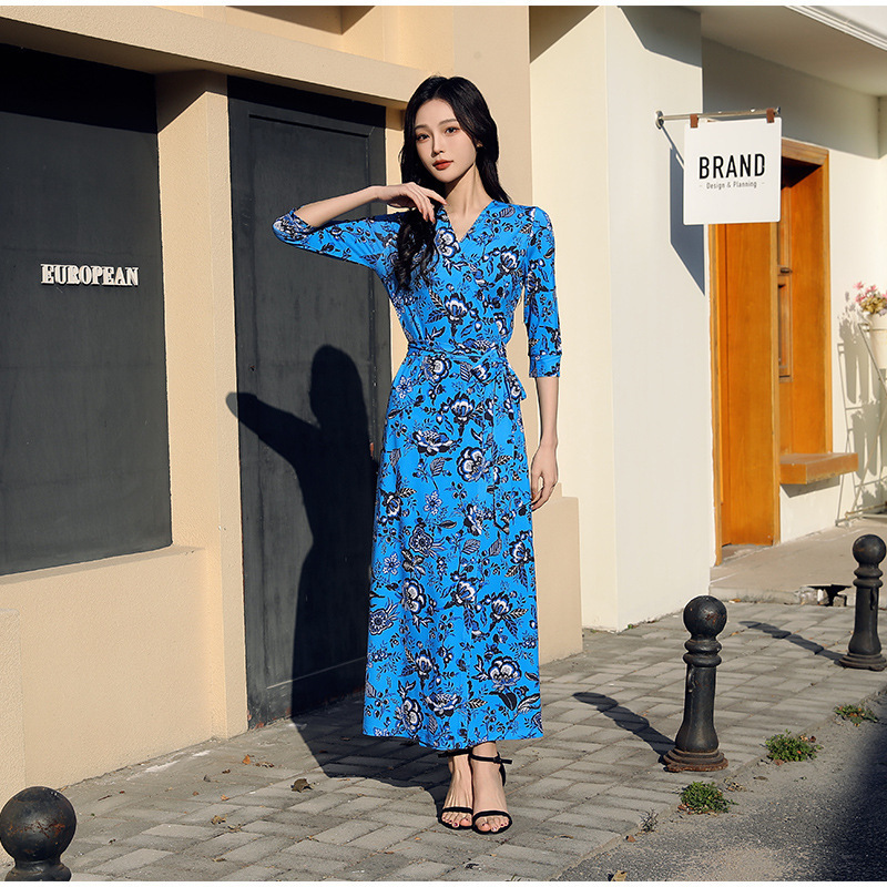 Lapel dress Floral Print Lace-up Slim Dress Women's PG DVF Wrap Dress 2025 Summer New Style