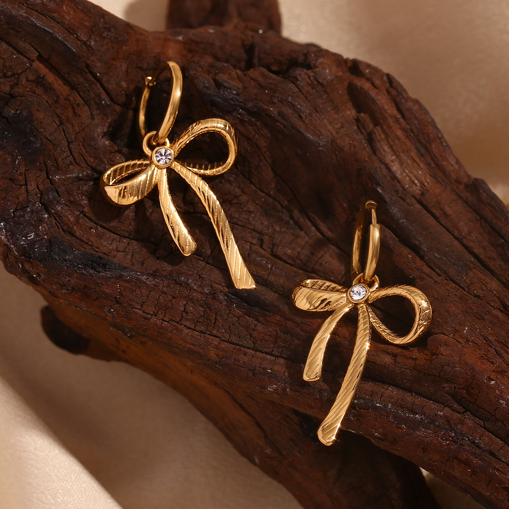 Stainless Steel Twill With Diamond Bow Earrings