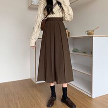 法式复古咖色百褶半身裙女秋季配毛衣高腰字长裙子半裙伞裙冬季