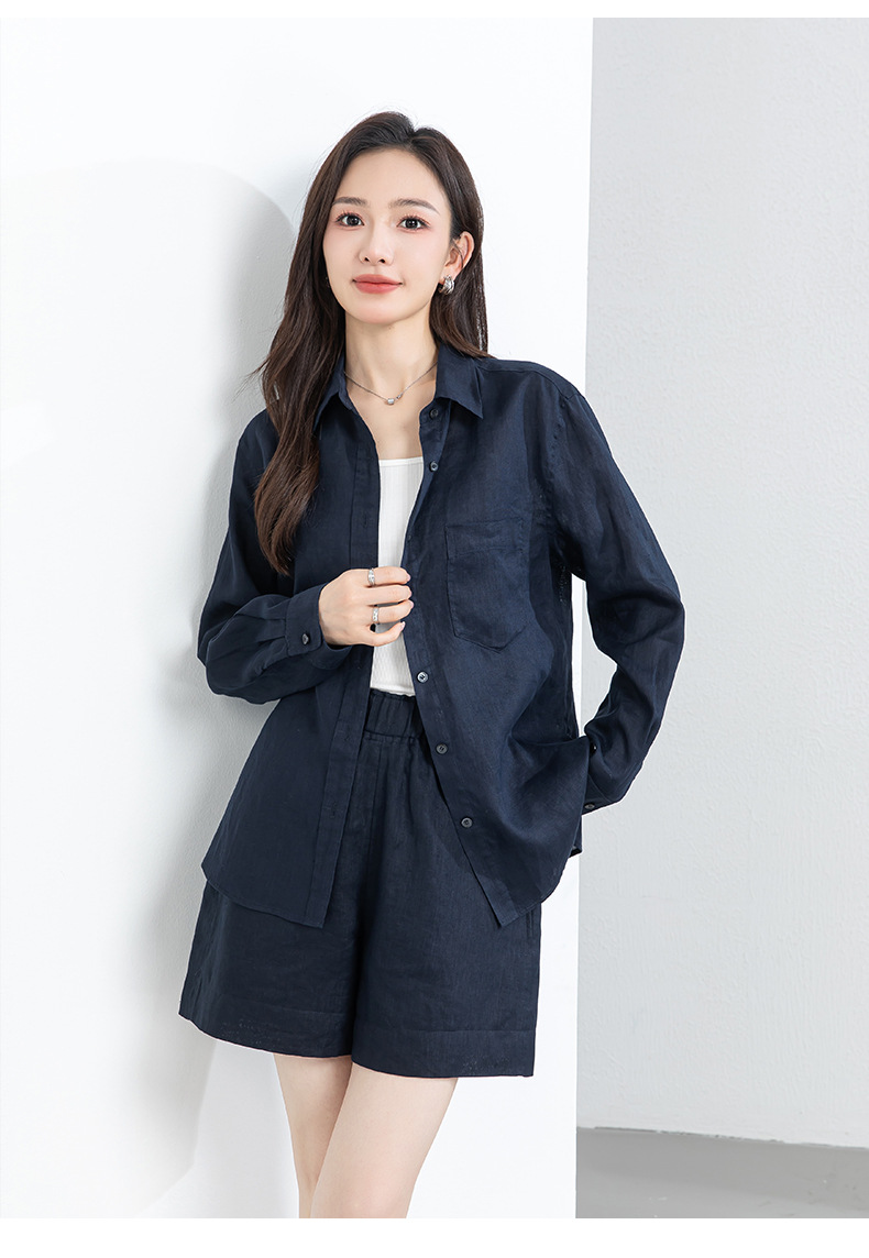 Bộ đồ linen nữ mùa hè áo sơ mi phối quần short dáng rộng — Quần short - 86185 ngày xanh chi tiết 20