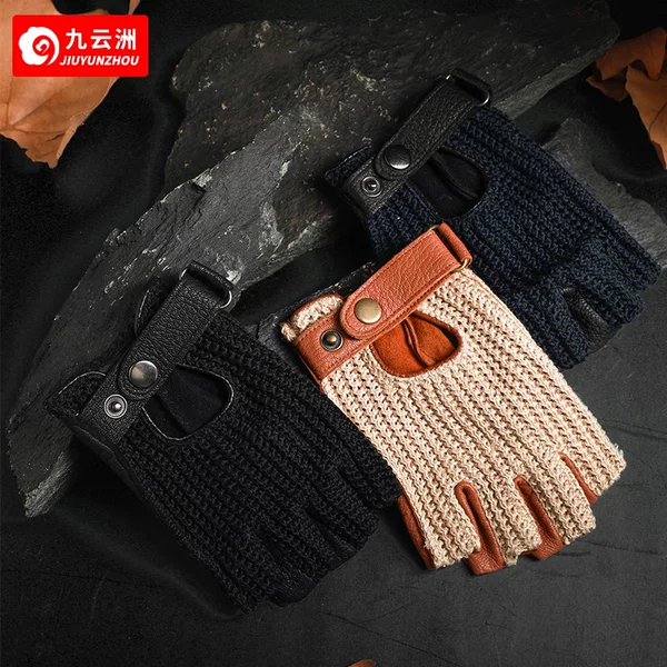 First-Layer Sheepskin Half-Finger Gloves for Men and Women, Non-Slip, Breathable, Suitable for Driving, Motorcycle Riding, Summer Style, Retro, Fashionable, Soft