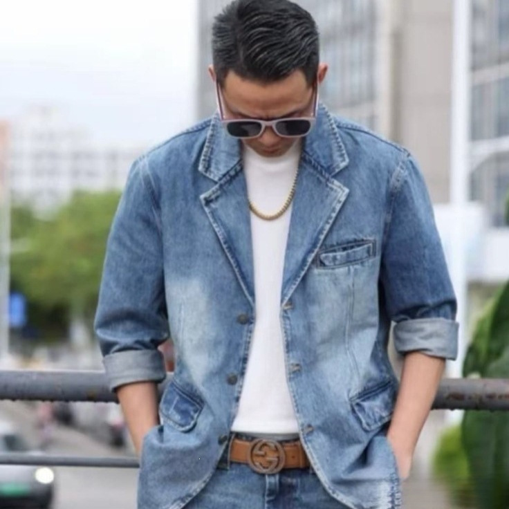 Men's Denim Suit, New Spring and Autumn Style, Loose Casual Jacket, Blue Brand, Breathable, Wear-Resistant, Moisture-Wicking Cotton, in Stock Men's Denim Suit, New Spring and Autumn Style, Loose Casual Jacket, Blue Brand, Breathable, Wear-Resistant, Moisture-Wicking Cotton, in Stock