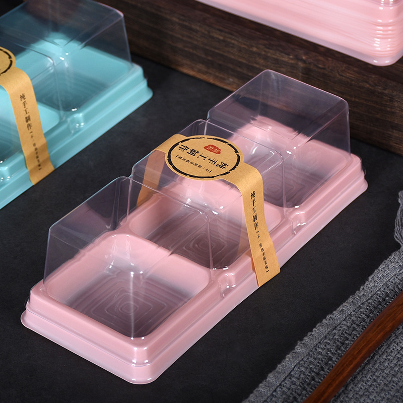 Cuadrado pastel de Luna transparente blister caja de embalaje nieve Meinoang Western dot yema de huevo crujiente 3-pieza desechable mousse para hornear caja