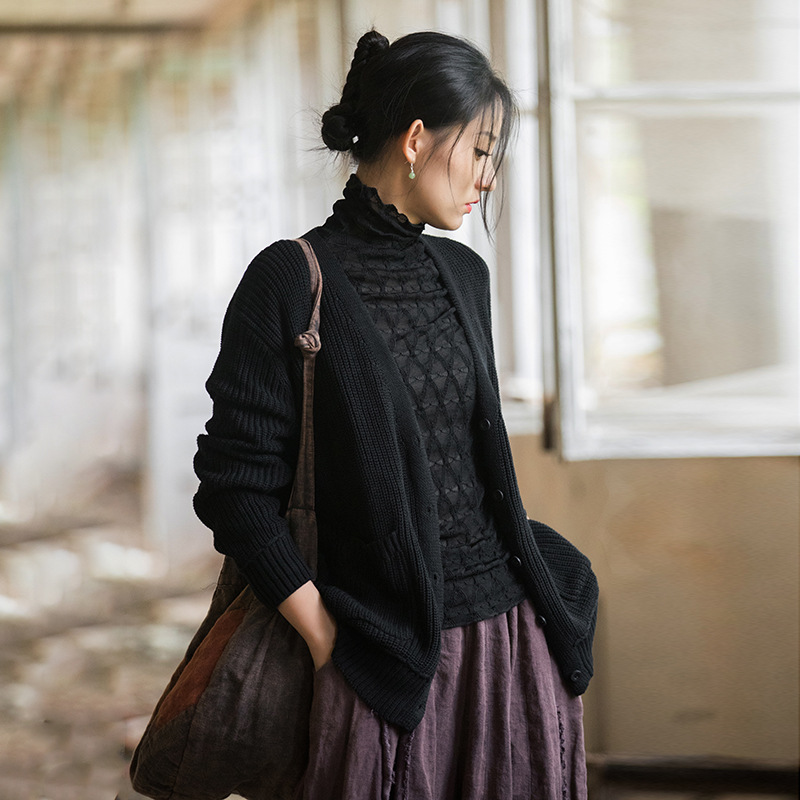 2024 otoño algodón lino ropa de mujer nuevo diseño sentido cárdigan literario perezoso y casual viaje a casa suéter de mujer