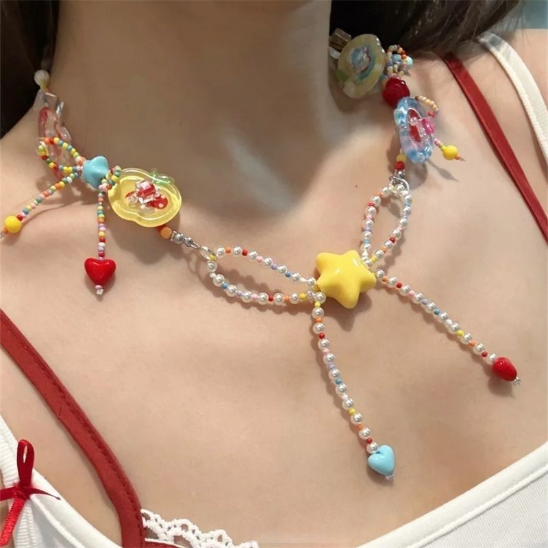 リンゴ味のキャンディーランド~y2kカラードーパミンキャンディーカラービーズネックレス夏の漫画甘いアクセサリー|undefined