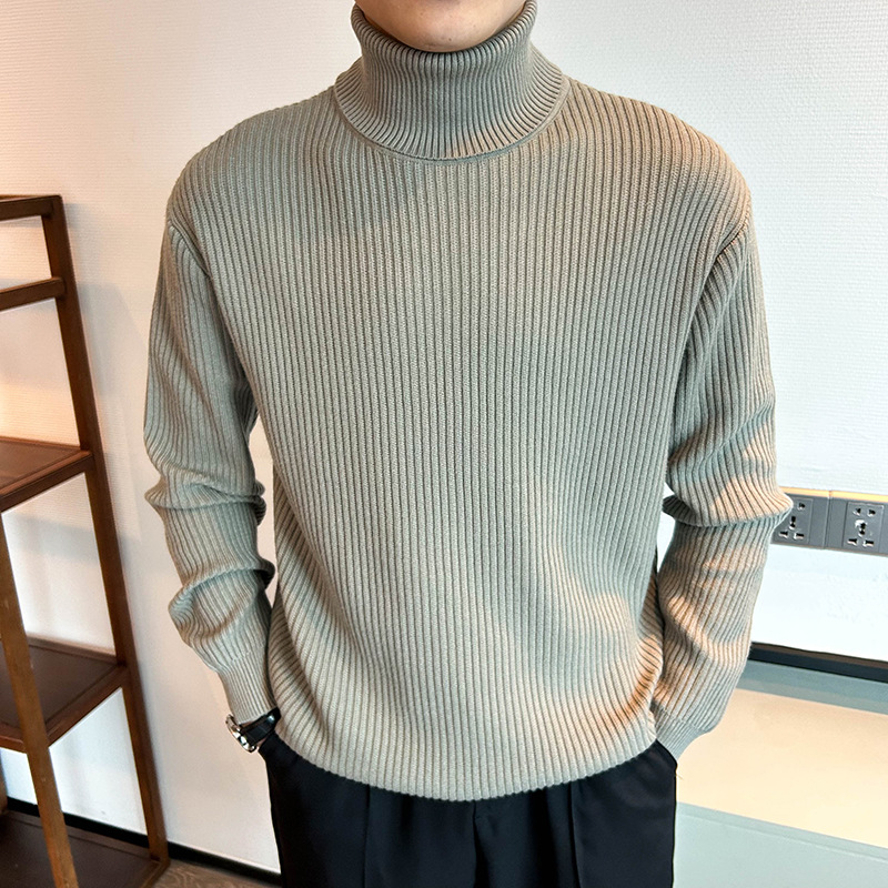 Men's Casual High Neck Striped Sweater Loose Knit Pullover_voghion.com