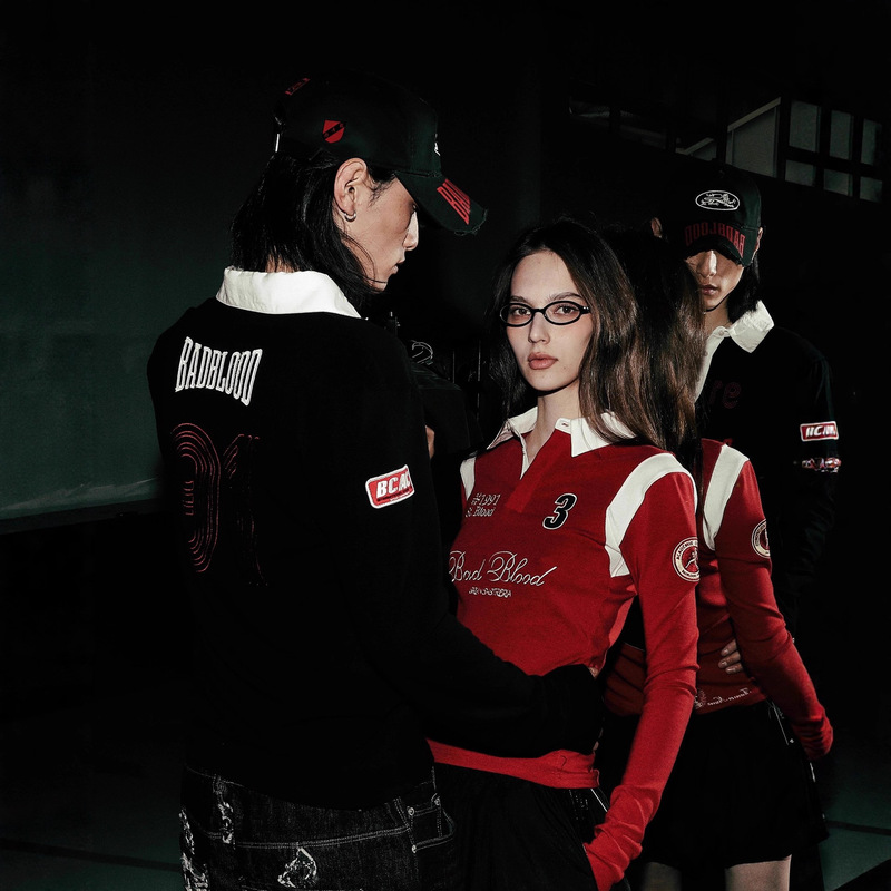 Badblood American Black Polo Collar Top Sexy Casual Slim Contrast Color Spring & Fall Long-Sleeved Bottoming Shirt T-Shirt