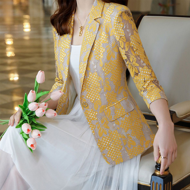 Yellow Lace Blazer for Women, Thin Summer Style, Three-Quarter Sleeves, Hollow Suit Top, Elegant Style