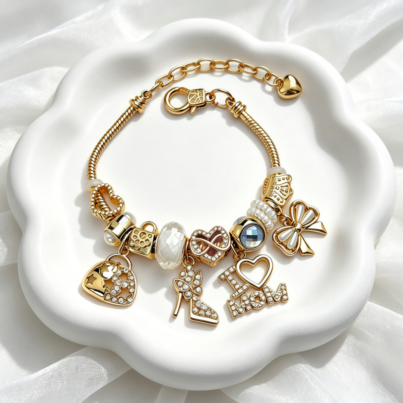 Mother's Day I LOVE MOM Heart Beaded Bracelet, Luxurious Gold-Plated Diamond-Embellished High Heel Shoe Bow Snake Bone Bracelet