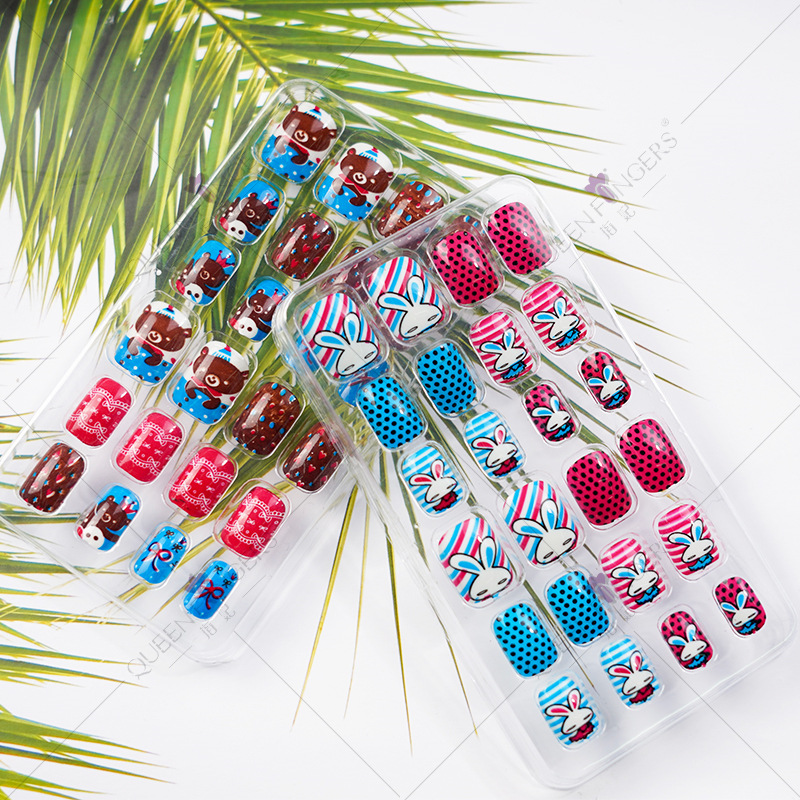 24 piezas de bolsillo de uñas para niños usando uñas adhesivas de espalda pegamento de uñas para niños uñas falsas productos terminados
